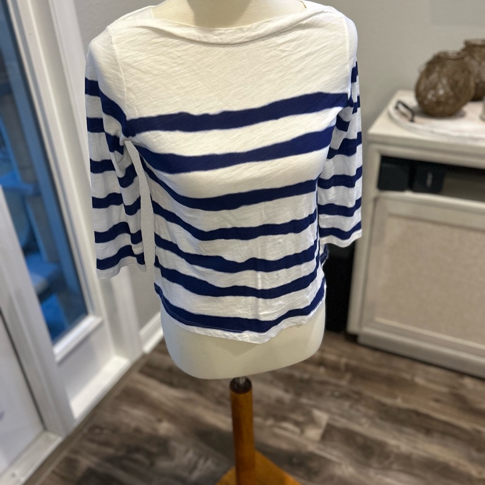 Ann Taylor Loft White and Blue Striped 3/4 sleeve Shirt Size Petite Small